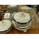 A BLUE AND WHITE PART DINNER SET AND VARIOUS GLASSWARES.