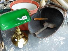 A VINTAGE STYLE DESK LAMP, A COPPER COAL SCUTTLE AND A TABLE LAMP.