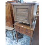 A VICTORIAN MAHOGANY TWO DRAWER SMALL TABLE AND A COMMODE.