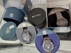 THREE CITIZEN ECO DRIVE WRIST WATCHES WITH BOXES AND PAPERS.