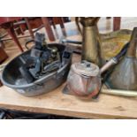 A VICTORIAN COPPER COOKING PAN AND VARIOUS OTHER METAL WARES ETC.