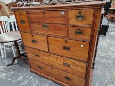 A VICTORIAN CAMPHOR WOOD SECRETAIRE CHEST OF CAMPAIGN TYPE WITH RECESSED HANDLES.