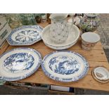 THREE BLUE AND WHITE PLATTERS, A PORTUGUESE JAR AND COVER, A WASHING JUG AND BOWL TOGETHER WITH AN