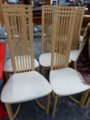 A SET OF SIX MACKINTOSH STYLE HIGH BACK DINING CHAIRS.
