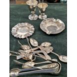 HALLMARKED SILVER TO INCLUDE, SUGER NIPS, ASHTRAYS, EGG CUPS, SPOONS ETC. (QTY) 414 gms.