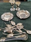 HALLMARKED SILVER TO INCLUDE, SUGER NIPS, ASHTRAYS, EGG CUPS, SPOONS ETC. (QTY) 414 gms.