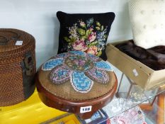 A VICTORIAN BEAD WORK FOOTSTOOL, AN ORIENTAL KETTLE BASKET, A FUR STOLE AND TWO CUSHIONS.