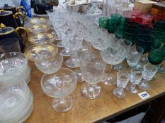 A GOOD SELECTION OF SETS OF ANTIQUE AND LATER DRINKING AND OTHER GLASS WARES, DECNTERS ETC. (QTY)