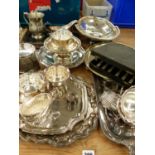 SILVER PLATED TRAYS, BOWLS, TANKARD, SPOONS ETC. (QTY).