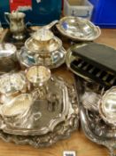 SILVER PLATED TRAYS, BOWLS, TANKARD, SPOONS ETC. (QTY).