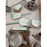 AN ENAMELLED SILVER PART DRESSING TABLE SET, ELECTROPLATE AND A BOULTON OLD SHEFFIELD PLATE