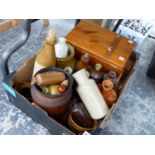 A COLLECTION OF STONEWARE BOTTLES, WINE BOXES ETC.