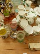 A COLCLOUGH TEA SET, ART DECO GLASSWARES, PLATED POTS ETC. (QTY)