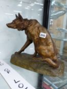 A BRONZE FIGURE OF A SEATED HUNTING DOG SIGNED L.RICHE.