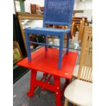 A SOANE BRITAIN MODERN PAINTED CENTRE TABLE AND A BLUE PAINTED CHAIR.