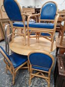 A GOOD QUALITY CONTEMPORARY DROP LEAF SUPPER TABLE AND SIX BENTWOOD BAMBOO CHAIRS.