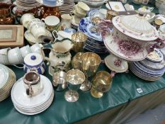 VICTORIAN AND LATER DINNER WARES, SILVER PLATED CUPS, LUSTRE JUGS ETC. (QTY)