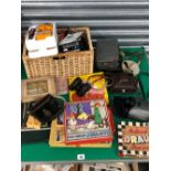 VINTAGE GAMES, BINOCULARS, A CAMERA, VOLT METERS ETC.