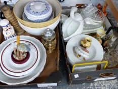 TWO BOXES OF VARIOUS KITCHEN WARES AND OTHER CHINA AND ORNAMENTS.