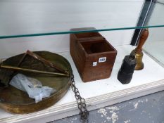 TWO VINTAGE BELLS, A SMALL CRATE AND A HANGING GONG WITH MALLET.