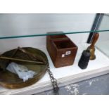 TWO VINTAGE BELLS, A SMALL CRATE AND A HANGING GONG WITH MALLET.