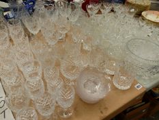 A QTY OF CUT CRYSTAL AND OTHER DRINKING GLASSWARES, DECANTERS, BOWLS ETC.