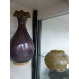 AN INTERESTING VASE WITH HIGH FIRED GLAZE TOGETHER WITH A SMALL GLASS BOWL.