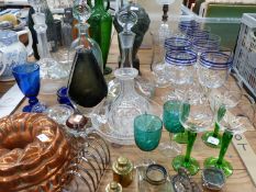 A COPPER JELLY MOULD, TWO BRASS WEIGHTS, DRINKING GLASSES AND DECANTERS A BUST ETC.