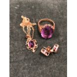 AMETHYST JEWELLERY TO INLCUDE 9ct HALLMARKED GOLD DRESS RING, TOGETHER WITH A PAIR OF STUD
