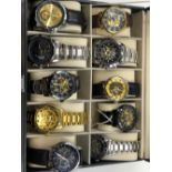 TEN ASSORTED WRISTWATCHES CONTAINED IN A HINGED LID WATCH BOX.