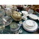 A SILVER PLATE ROLL OVER BACON DISH, A QTY OF CUT GLASS, DOULTON PART DINNER SERVICE AND OTHER CHINA
