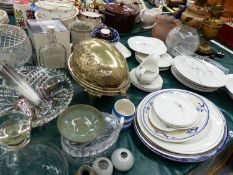 A SILVER PLATE ROLL OVER BACON DISH, A QTY OF CUT GLASS, DOULTON PART DINNER SERVICE AND OTHER CHINA