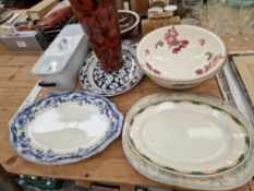 PLATTERS, A MOTTLED RED VASE, A WASHING BOWL AND AN ENAMEL FISH PAN AND COVER
