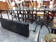 A BESPOKE WROUGHT IRON BASED GLASS TOP DESIGNER DINING OR HALL TABLE,