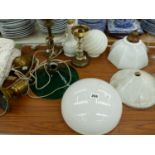 VARIOUS HANGING GLASS LIGHT SHADES AND THREE TABLE LAMPS.