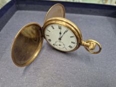 A GOLDPLATED FULL HUNTER POCKET WATCH.