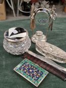 A HALLMARKED SILVER MANICURE STAND, TWO DRESSING TABLE JARS AND SILVER BACKED COMB AND AN EASTERN