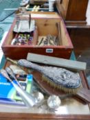 TWO ANTIQUE WATERCOLOURS, A PRINT, A SEWING BOX, BELLOWS AND A QTY OF SILVER PLATED CUTLERY, A