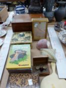 A VICTORIAN WRITING BOX, A LOOPING MANTLE CLOCK, AN INKWELL, LADYBIRD BOOKS ETC.