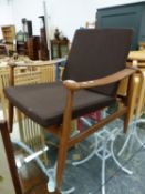 A RETRO STYLE TEAK ARM CHAIR DESIGNED BY FINN JUHL FOR FRANCE AND SON. - PROBABLY OF LATER DATE.