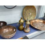 A GROUP OF MIDDLE EASTERN TRAYS, BOWLS AND COFFEE POTS.