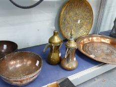 A GROUP OF MIDDLE EASTERN TRAYS, BOWLS AND COFFEE POTS.