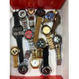 A VARIETY OF DRESS WATCHES TO INCLUDE CHRONOGRAPH EXAMPLES, AND LCD WATCHES.