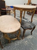 THREE MARBLE TOP TABLES ON GILT WOOD STANDS.