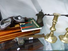 A VINTAGE BACKGAMMON GAME, A PAIR OF VINTAGE FLYING GOOGLES, A MARBLE BOWL, BRASS CANDLESTICKS, A