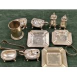 A GROUP OF HALLMARKED SILVER TO INCLUDE, CRUETS, SUGER NIPS, ASHTRAYS, A CHRISTENING CUP ETC. 523