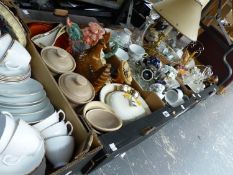 A SELECTION OF VINTAGE TEAWARES, ORNAMENTAL CHINA, PLATED WARES, A LAMP ETC.
