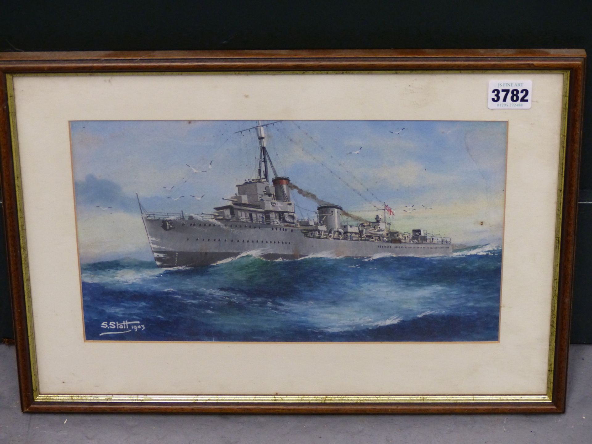 S. STOTT.(PROBABLY WILLIAM R.S.STOTT) HMS CAMPBELL, WATERCOLOUR, SIGNED LOWER LEFT AND DATED 1943, - Image 3 of 4