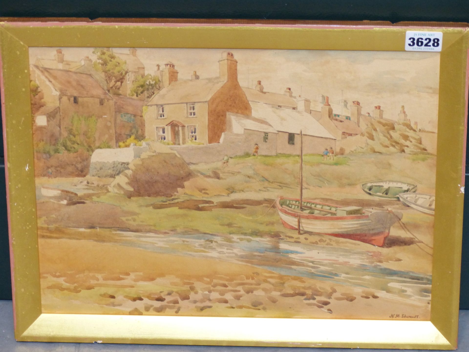 N.M.EDWARDS (EARLY 20TH CENTURY) ESTUARY AT LOW TIDE WITH COTTAGES, WATERCOLOUR 35 X 26 cm - Image 4 of 5