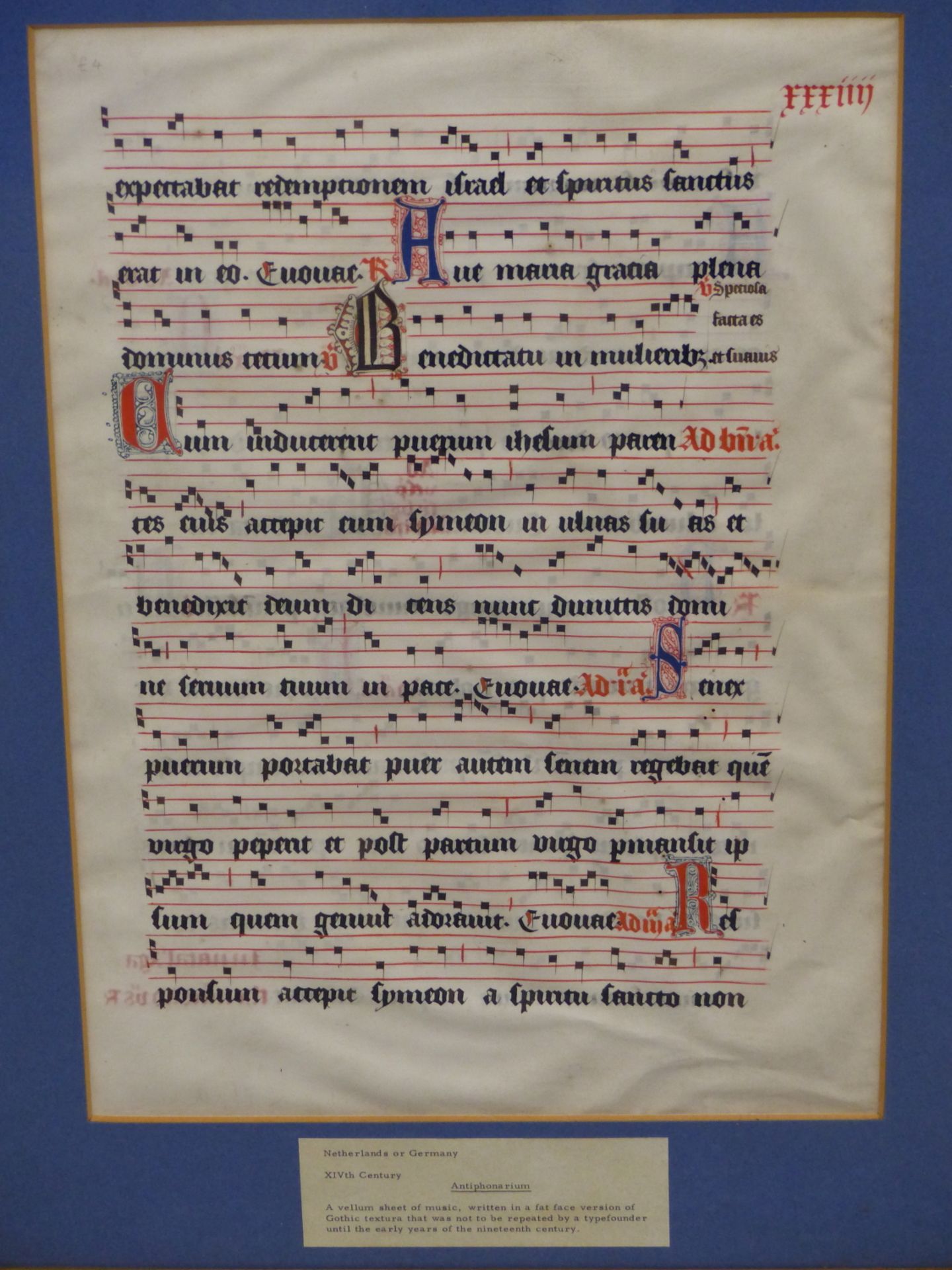 14TH CENTURY NETHERLANDS OR GERMANY, HAND ILLUMINATED MUSIC ANTIPHONARIUM MANUSCRIPT PAGE ON